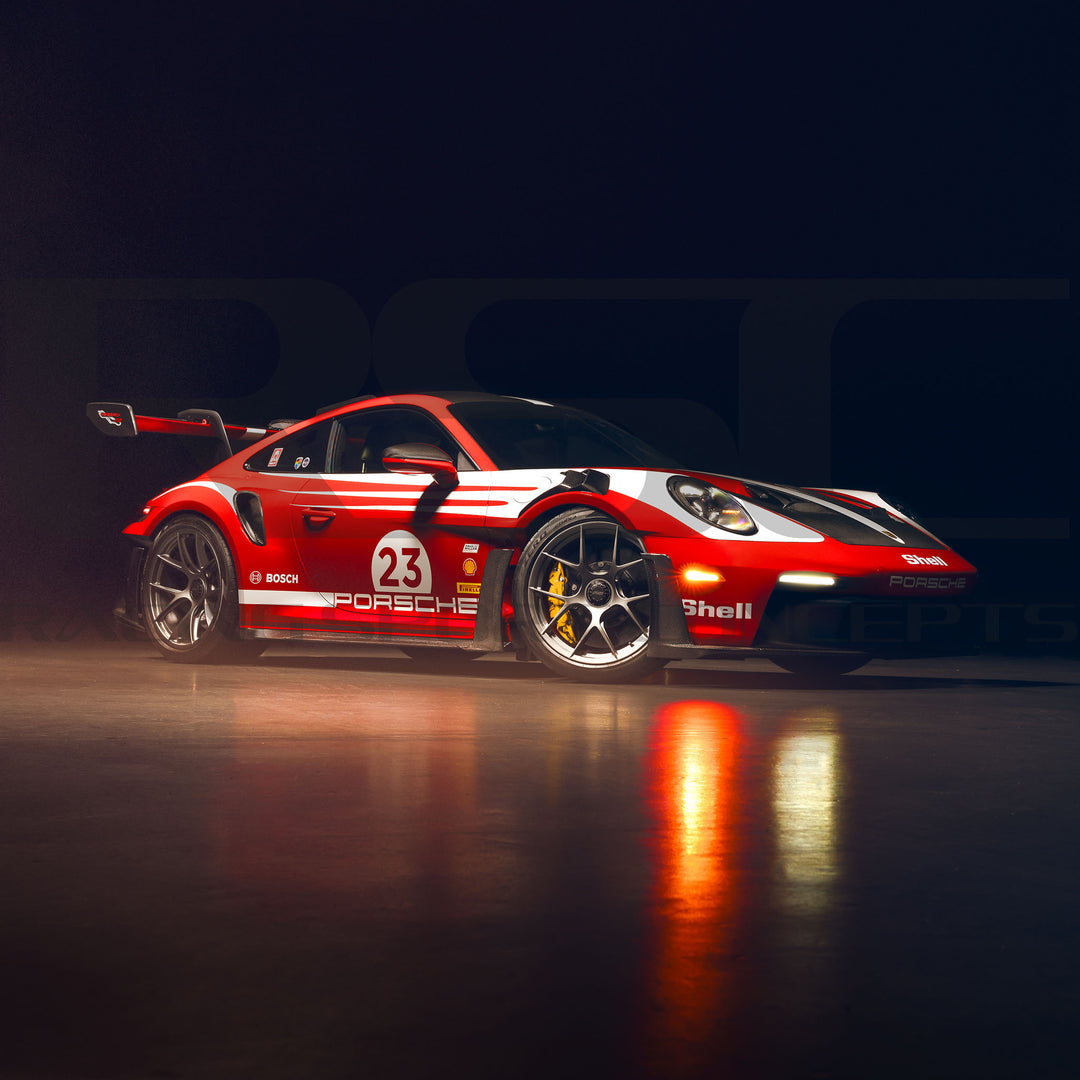 Porsche 992 GT3 RS Carbon Fiber Side Skirts by RSC  Red Porsche race car with number 23 on a dark background