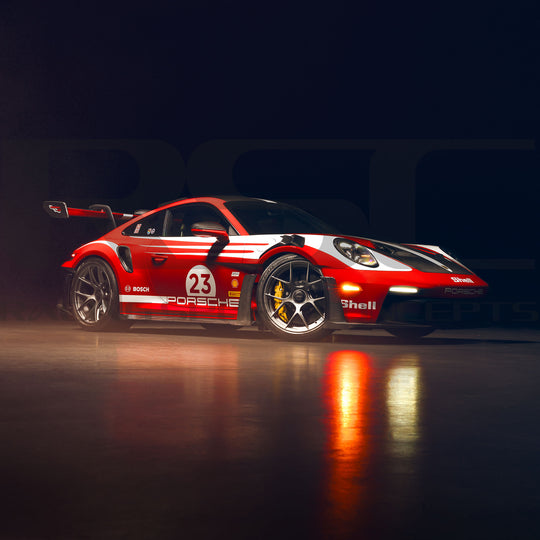 Porsche 992 GT3 RS Carbon Fiber Side Skirts by RSC  Red Porsche race car with number 23 on a dark background