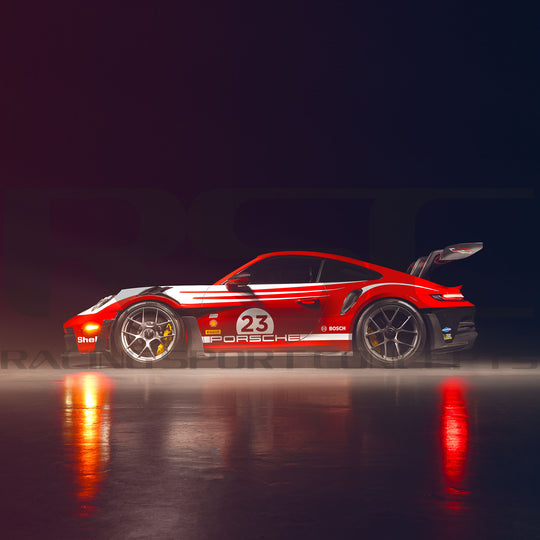Porsche 992 GT3 RS Carbon Fiber Side Skirts by RSC side view Red Porsche race car with number 23 on a dark background
