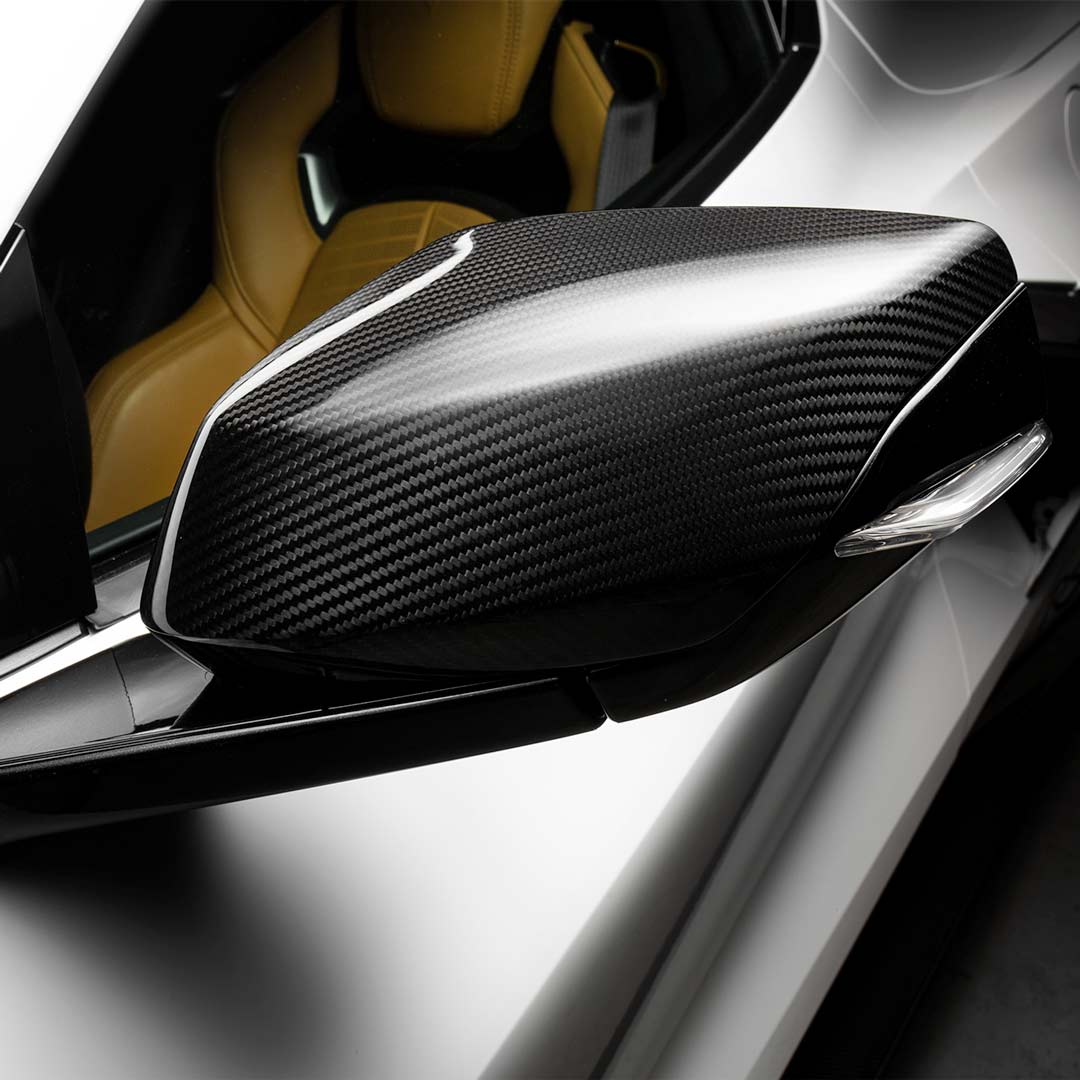 Close up c8 corvette carbon fiber mirror cover