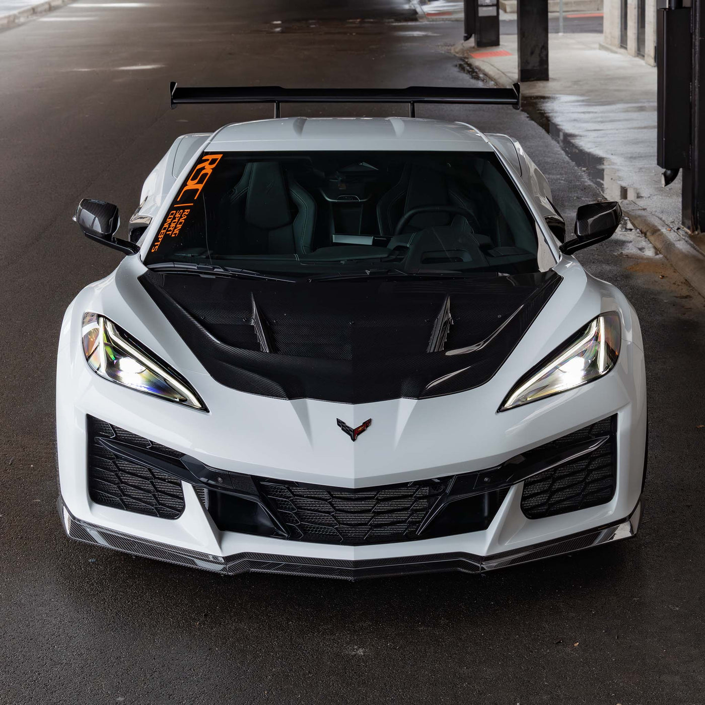 Front view of RSC ZR1.2 carbon fiber hood installed on a Corvette C8 showing fitment and panel alignment