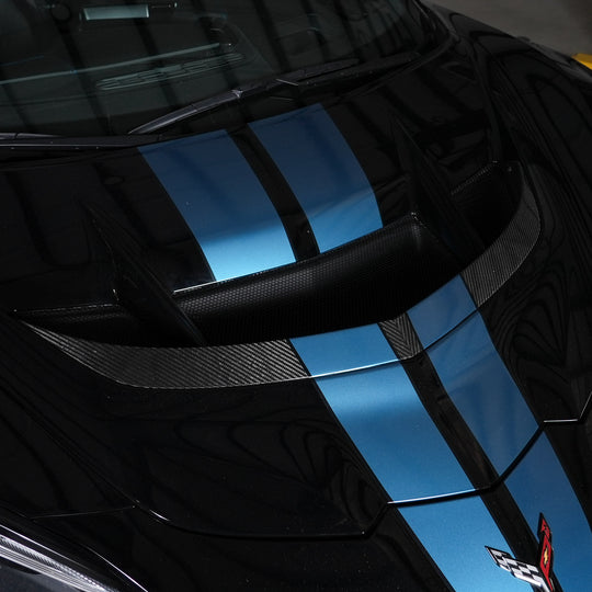 Carbon fiber hood wicker installed on a Chevrolet Corvette C8 ZR1