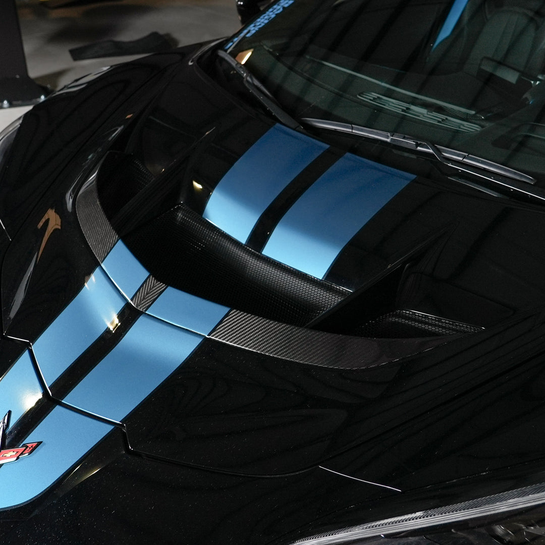 Carbon fiber hood wicker installed on a Chevrolet Corvette C8 ZR1