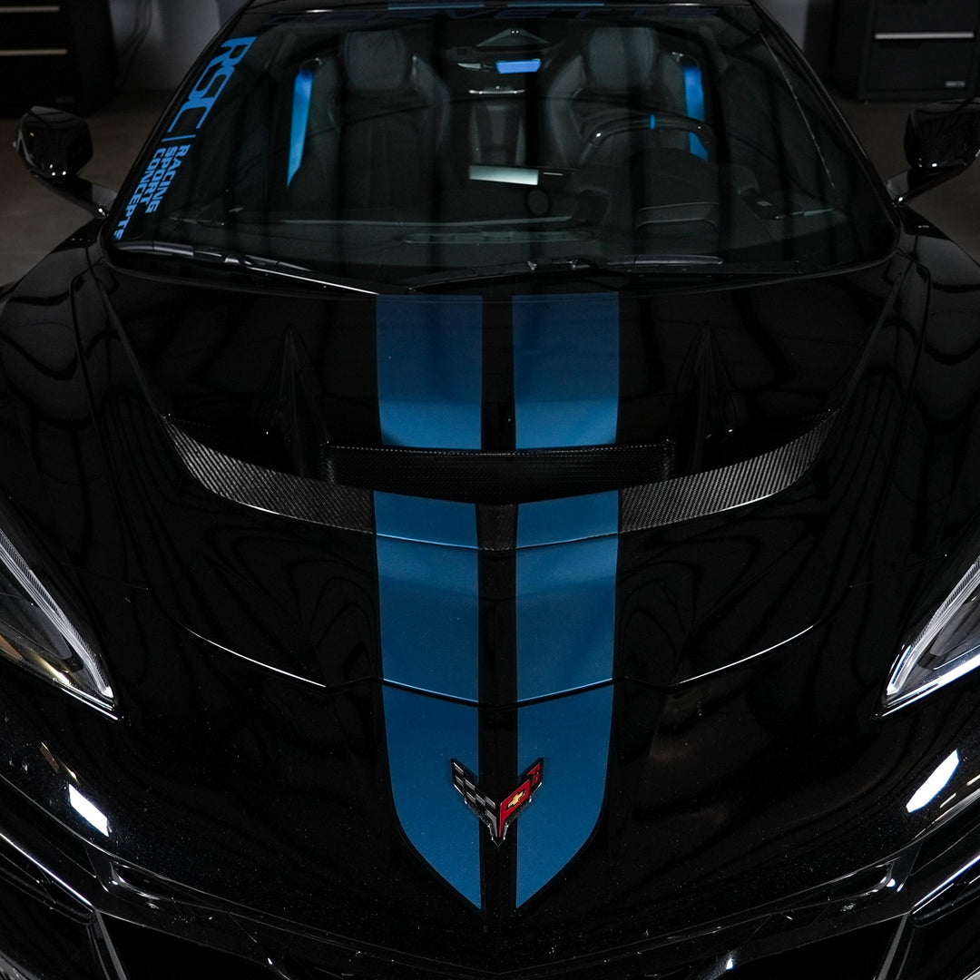 Carbon fiber hood wicker installed on a Chevrolet Corvette C8 ZR1
