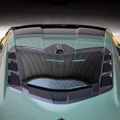 Rear view shot of the carbon fiber rear view camera cover in Carbon Fiber for C8 Corvette by RSC