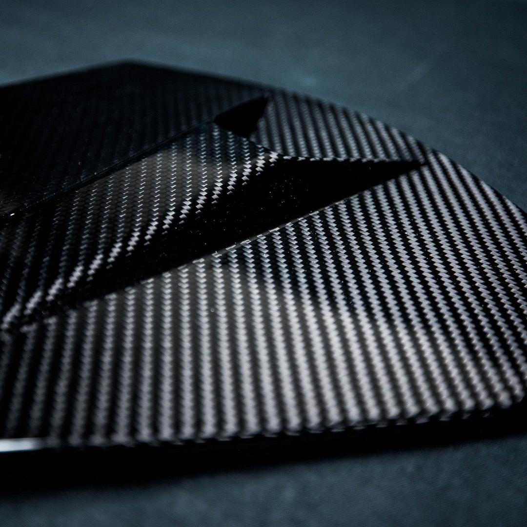 Corvette C8 Carbon Fiber Rear Camera Cover details. Showing the precise details of the CNC&