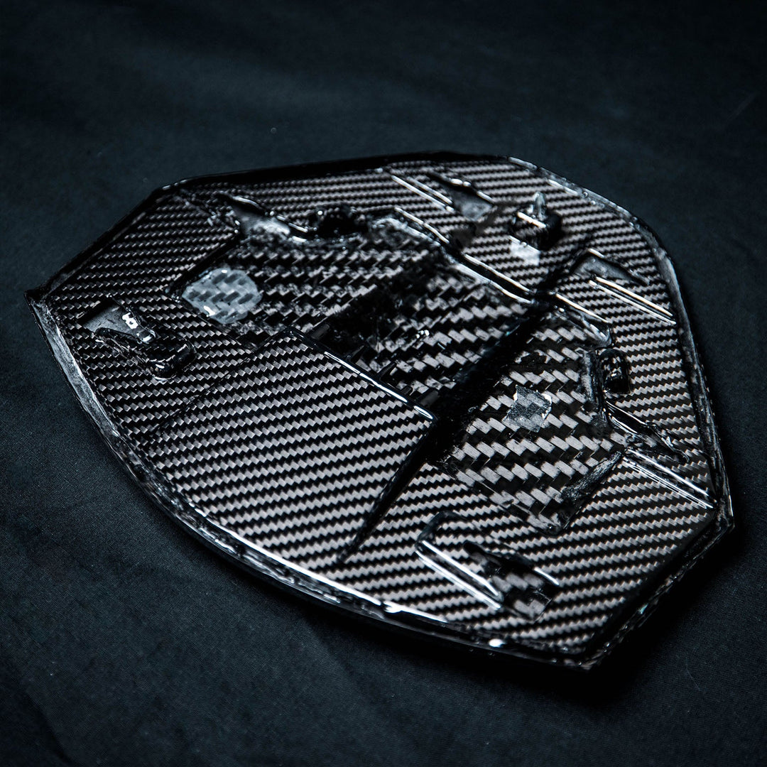 Corvette C8 Carbon Fiber Rear Camera Cover details. Showing the precise details of the CNC&