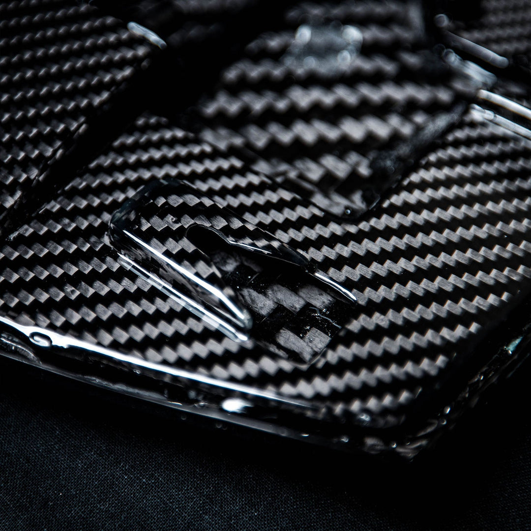 Corvette C8 Carbon Fiber Rear Camera Cover details. Showing the precise details of the CNC&