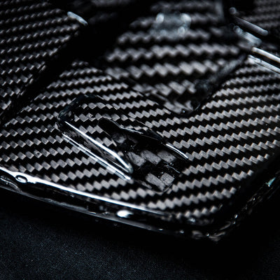 Corvette C8 Carbon Fiber Rear Camera Cover details. Showing the precise details of the CNC'd piece